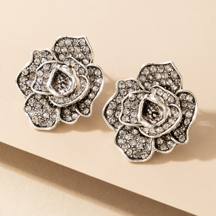 Small Chanel style camellia diamond alloy earrings temperament earrings