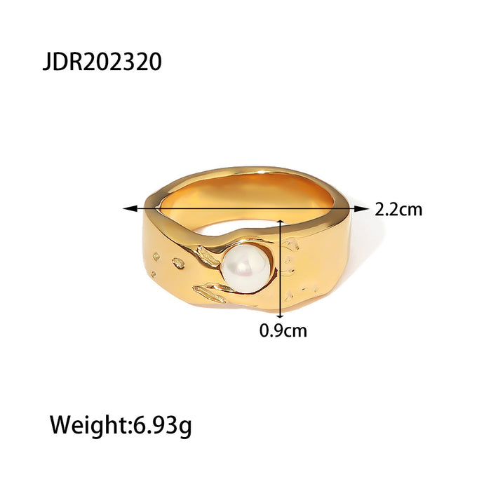 18K Gold Plated Stainless Steel Ring with Pearl - Trendy Minimalist Jewelry