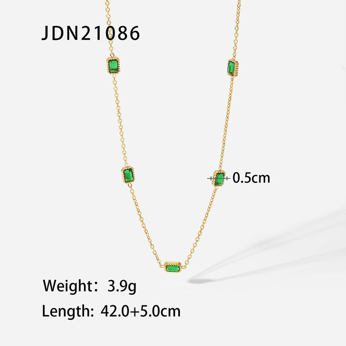 Vintage Green Zircon Jewelry Set - Stainless Steel Necklace, Earrings, Bracelet, and Ring for Women - wallojewerly 