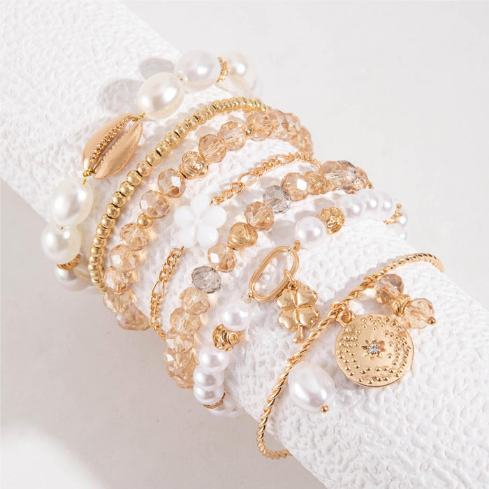 Bohemian Flower Shell Layered Pearl Beaded Bracelet Set - Elegant Jewelry for Women