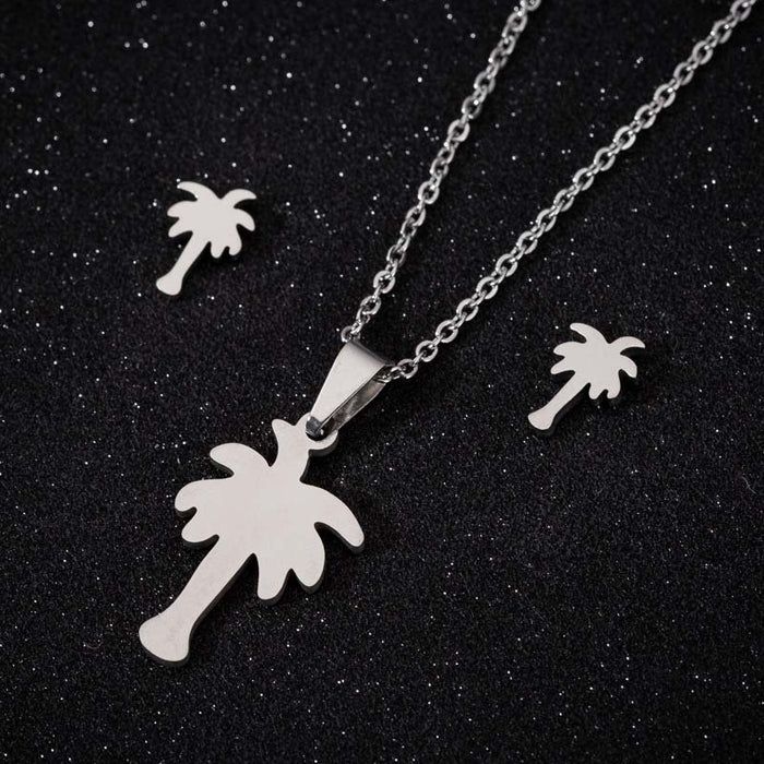 Palm Tree Stainless Steel Jewelry Set - Tropical Summer-Inspired Necklace and Earrings