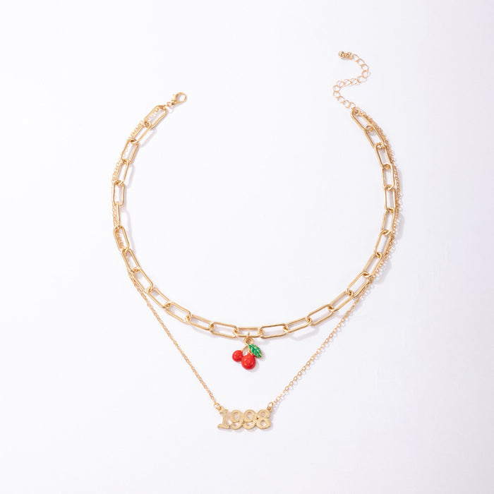 Number and Cherry Double Layer Necklace with Geometric Fruit Pendant Design