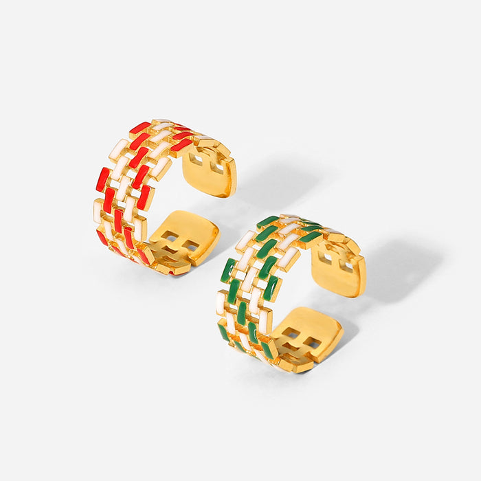 18K Gold Plated Stainless Steel Adjustable Ring with Red and Green Enamel Braided Design