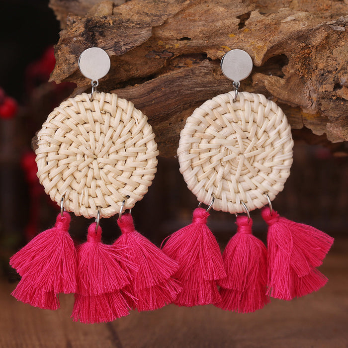 Bohemian Woven Round Multi-Layer Tassel Earrings with Rustic Wedding Design