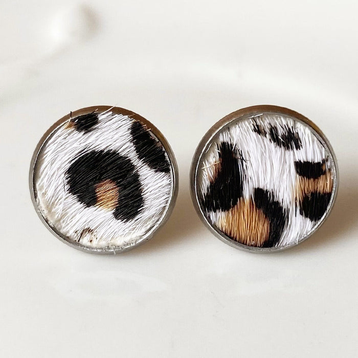 Simple Leopard and Cow Print Leather Stud Earrings with Bohemian Style