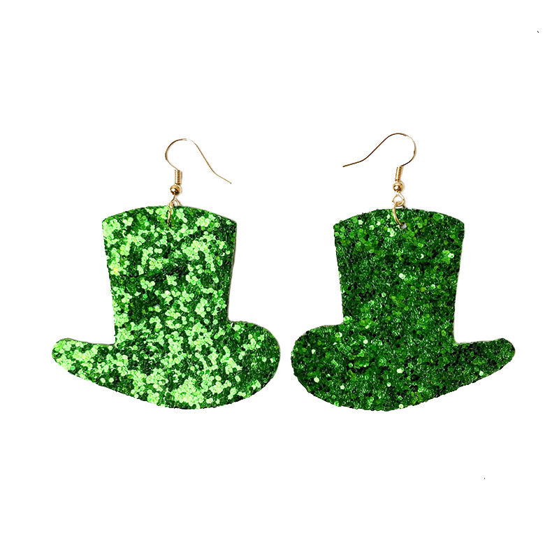 St. Patrick's Day Glitter Earrings with Green Polka Dot and Flower Hat - wallojewerly 