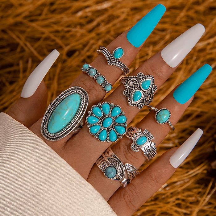 Vintage Turquoise Owl Feather Ring Set - 7pcs Exaggerated Rings