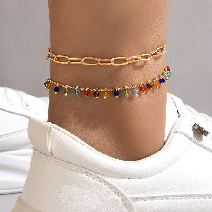 Colorful Double-Layer Beaded Anklet with Geometric Bead Chain Design