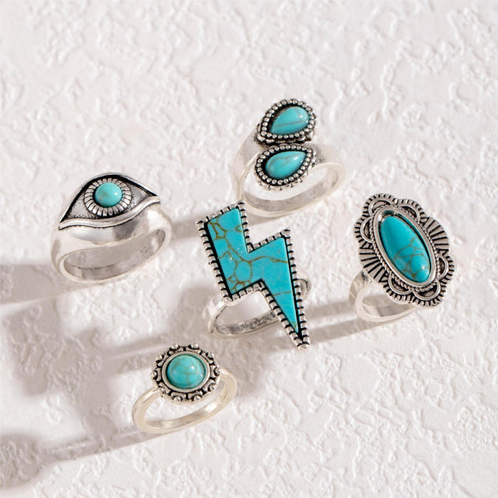 Bohemian Turquoise Lightning Ring Set - 5-Piece Vintage Eye Rings