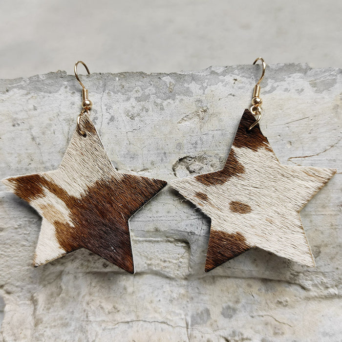 Western Long Hair Leather Star Earrings with Texas Wild Style