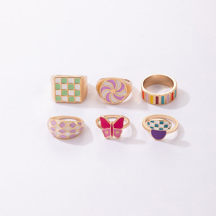 Colorful oil drip butterfly geometric ring 6-piece set