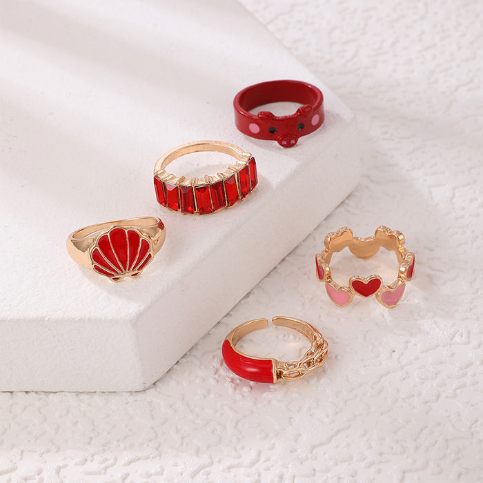 Love piggy dripping oil scallop ring set, geometric red imitation gem five-piece set