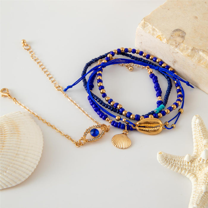 Bohemian Shell and Blue Bead Bracelet Set - Five-Piece Evil Eye Jewelry