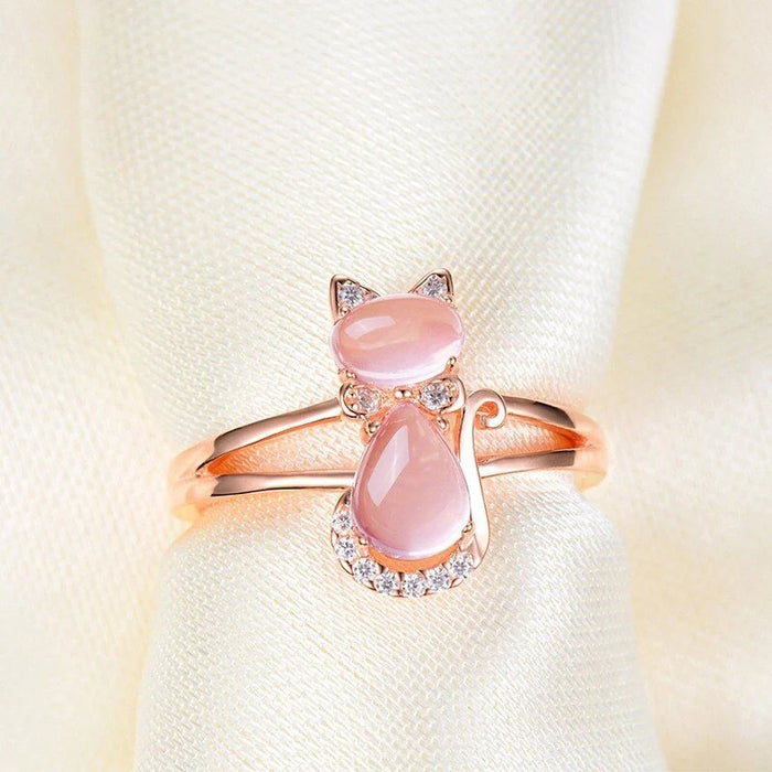 Anillo de cristal rosa con diseño de rosa de gato lindo japonés y coreano