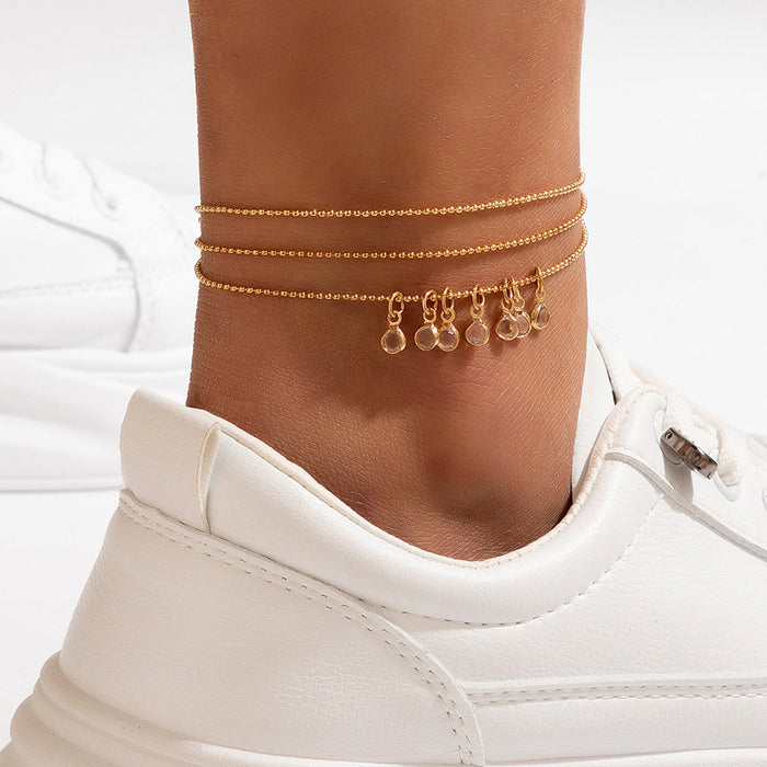 Crystal Pendant Triple-Layer Anklet with Geometric Bead Chain Design