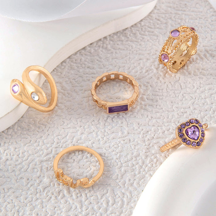 Purple Heart Letter Gemstone Ring Set - 5pcs Exaggerated Snake Rings