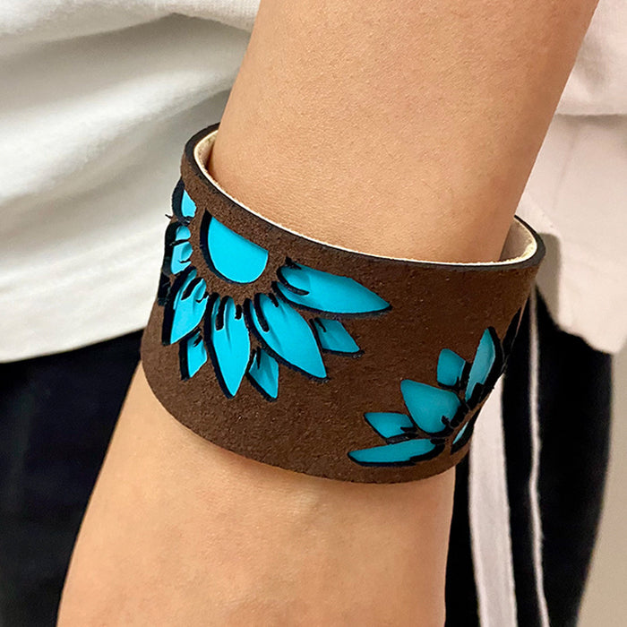 Pulsera de cuero con cabeza de toro de girasol con diseño de bandera estadounidense y turquesa