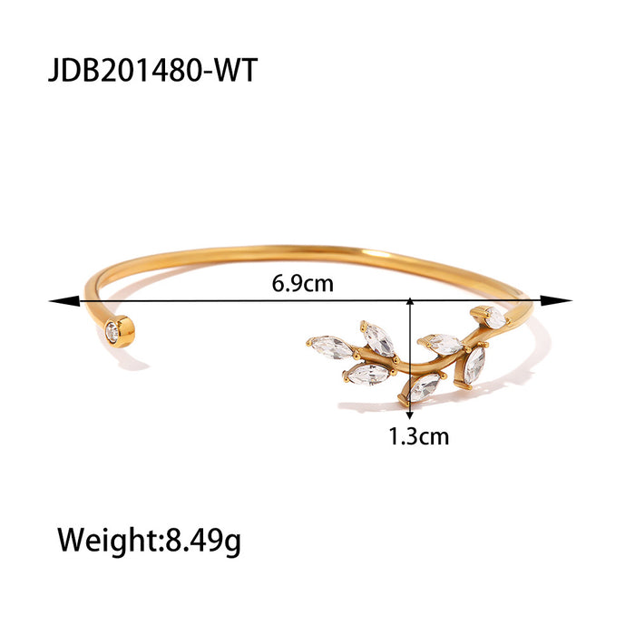 Fashionable Titanium Steel Bracelet - 18K Gold Plated Green Zircon Leaf Open Jewelry for Women