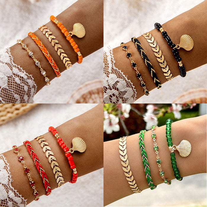 Bohemian Bead and Shell Bracelet Set - Four-Piece Ethnic Jewelry