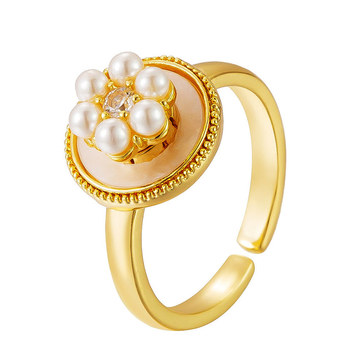 Wholesale adjustable copper micro-painted pearl flower ring
