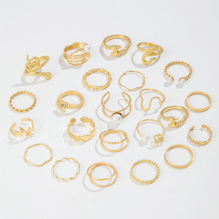 New Wrapped Snake Multi-Joint Ring Set – Design-Inspired Faux Pearl Open Rings, 23-Piece Collection