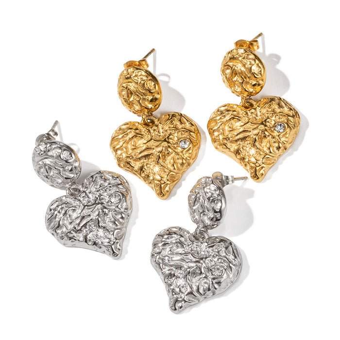 Pendientes colgantes de corazón de acero inoxidable y oro de 18 quilates: joyería de corazón forjado con lava y circonita