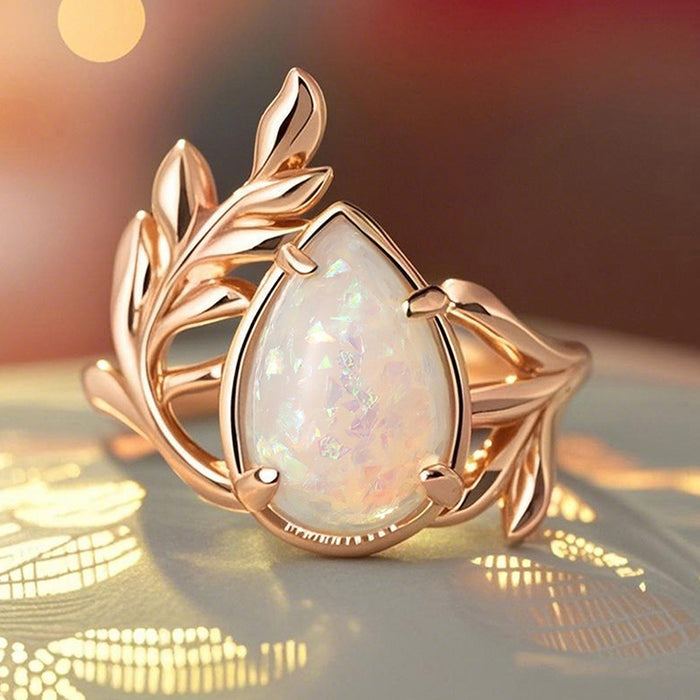 Women's Baroque ring with water drop imitation opal leaf and branch