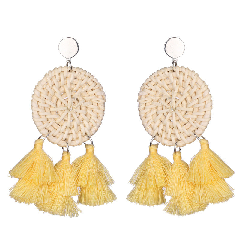 Bohemian Woven Round Multi-Layer Tassel Earrings with Rustic Wedding Design