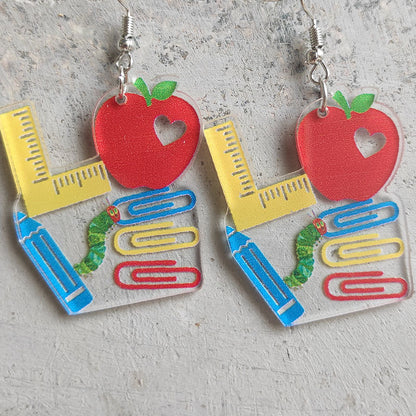 Cute Pencil, Apple, and Caterpillar Earrings with Friday Teacher Gift Theme