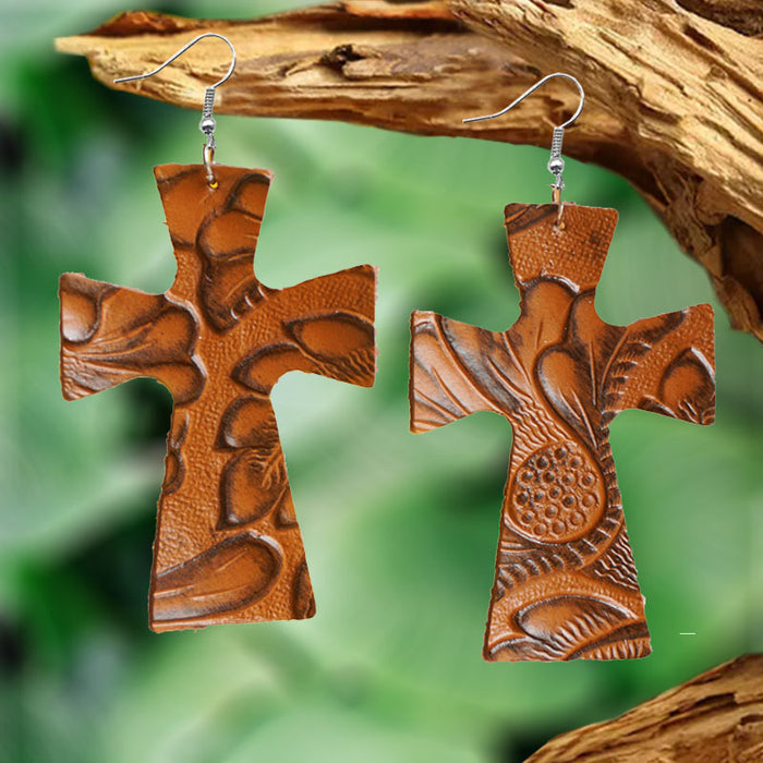 Vintage Embossed Leather Cross Earrings with Western Religious Style