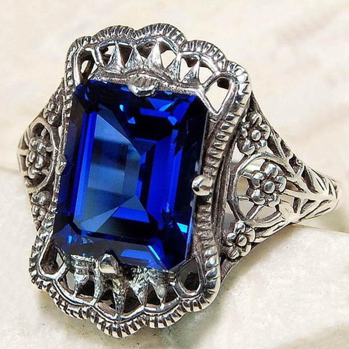 Palace style hollow royal blue zircon ring, vintage boutique