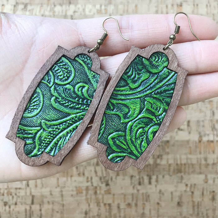 Wooden green leaf earrings