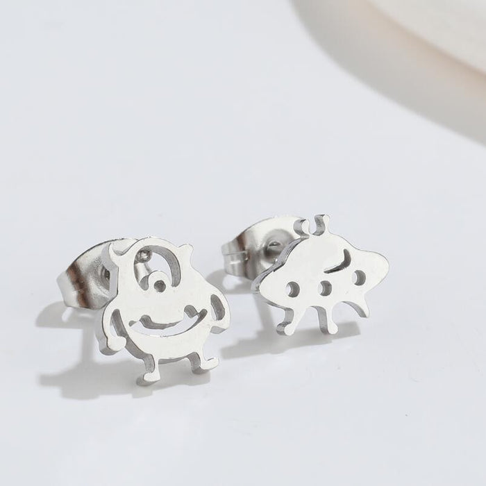 Alien and UFO Stainless Steel Stud Earrings - Fun and Playful Asymmetric Jewelry