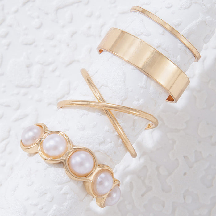 Gold Pearl and Cross Ring Set - 4-Piece Minimalist Joint Rings for Women