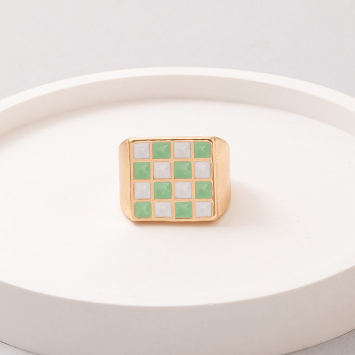 Oil dripping square checkerboard colorblock ring