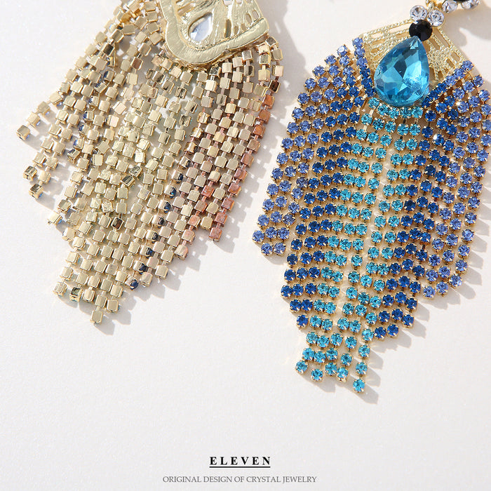 Blue Triangle Rhinestone Earrings - Exaggerated Tassel Jewelry for a Chic Look