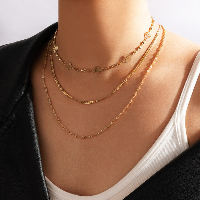 Alloy Snake Bone Multilayer Necklace - Round Leaf Triple-Layer Chain Set