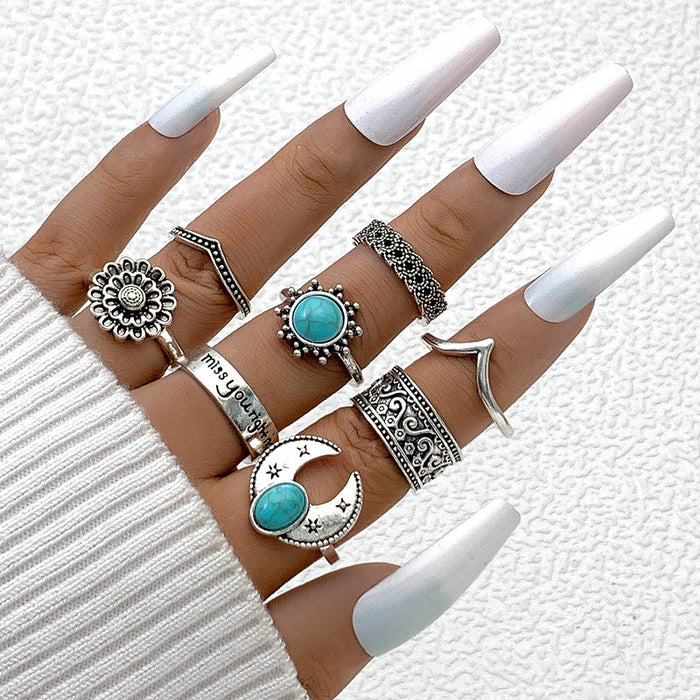 Ethnic Vintage Carved Turquoise Ring Set - 8pcs Sunflower Geometric Rings