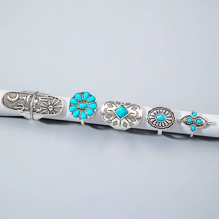 Vintage Totem Flower Turquoise Ring Set - 5pcs Unique Knuckle Rings