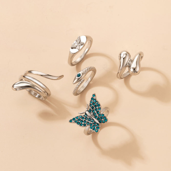 Blue Butterfly Diamond Snake Ring 5-Piece Set