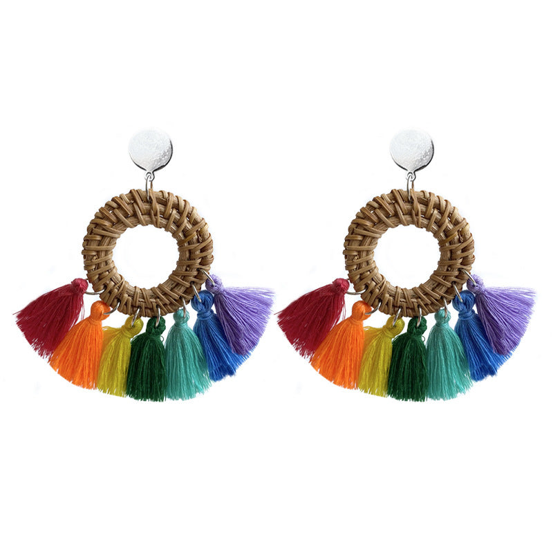 Handmade Woven Rainbow Tassel Earrings with Summer Vacation Style