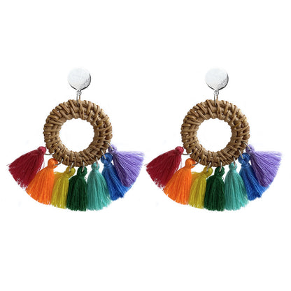 Handmade Woven Rainbow Tassel Earrings with Summer Vacation Style