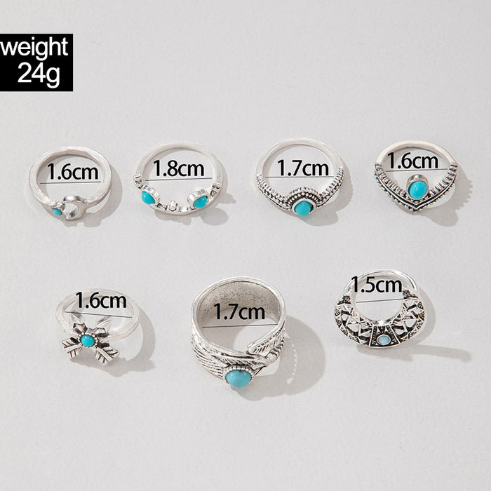 Boho Turquoise Moon Leaf Arrow Seven-Piece Ring Set