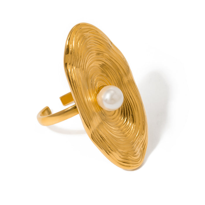 Exaggerated 18K Gold Plated Pearl Ring - High-End Stainless Steel Jewelry for Women