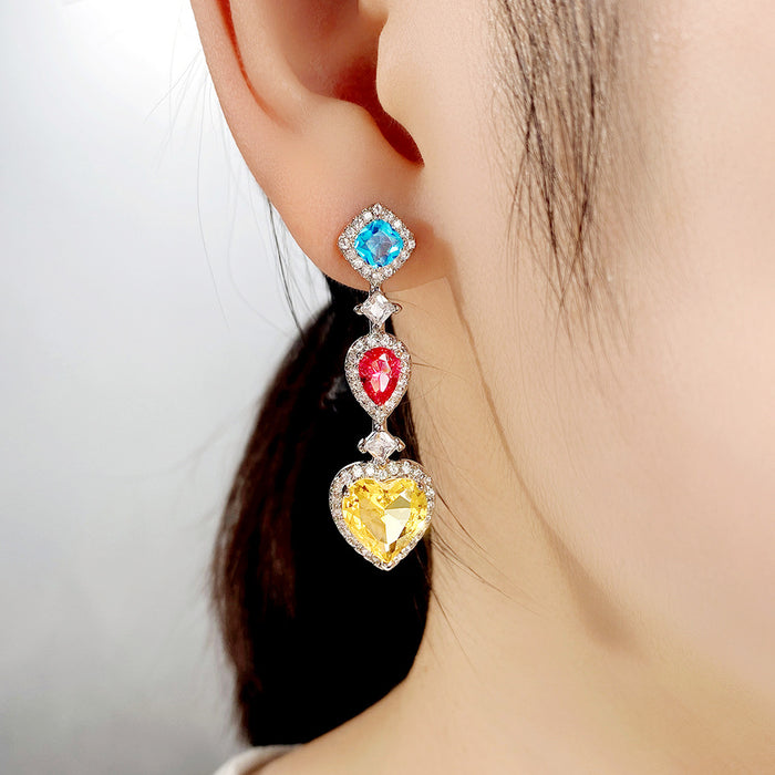 Colored zircon heart long earrings