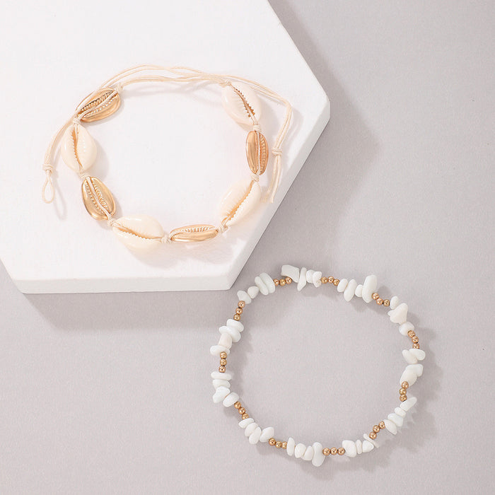 Beach-Style Multi-Layer Anklet with White Pebble Shell and Beaded Design