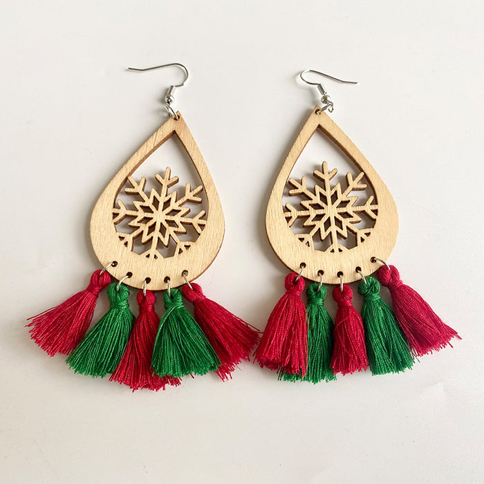 Christmas Wooden Tassel Earrings with Christmas Tree, Snowman, and Reindeer Cutouts