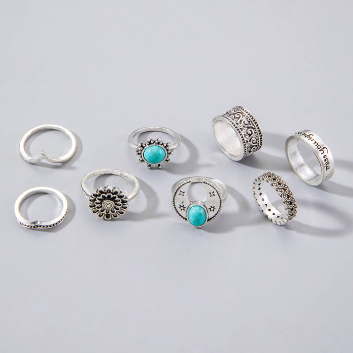 Ethnic Vintage Carved Turquoise Ring Set - 8pcs Sunflower Geometric Rings