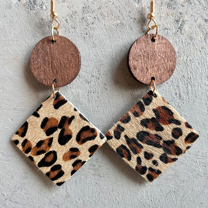 Wooden square leopard print earrings