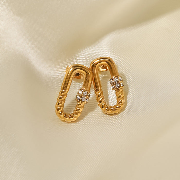 Fashionable Vintage Titanium Steel Earrings - 18K Gold Plated Stainless Steel Rectangular Twisted Zircon Stud Earrings